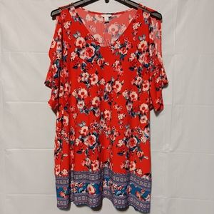 EST 1946 EUC Women's Cold Shoulder Tunic Top, Size XL,  Red Floral V-neck